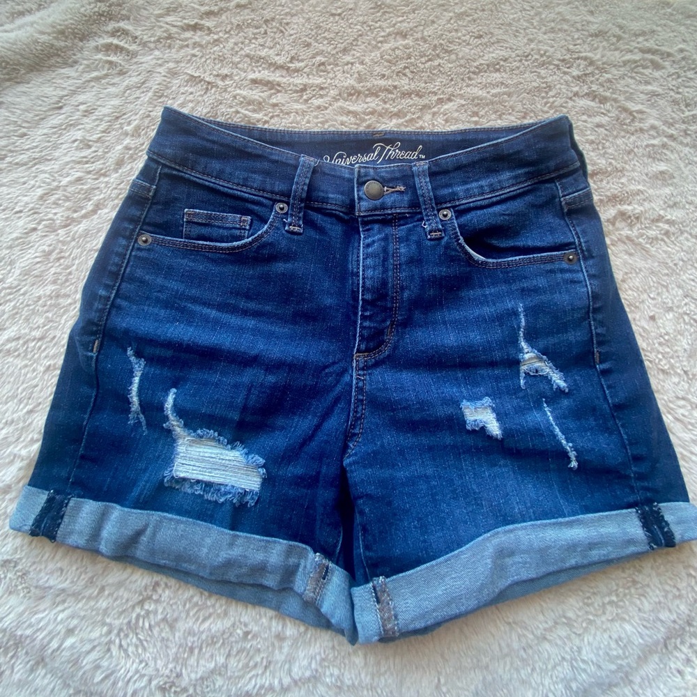 Universal Thread Medium Wash Distressed Denim Cuffed Midi Shorts